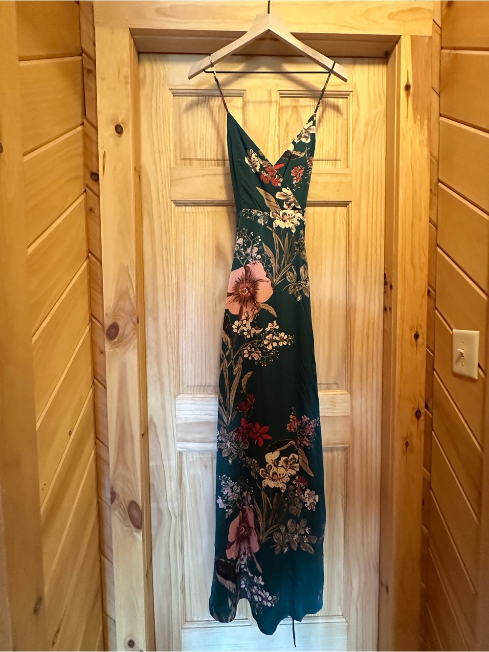 Lulu's Dark Green Floral Silk Maxi Dress
